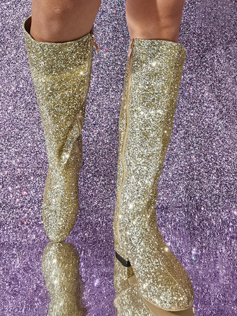 レディース スパンコール スパンコール付き 布製 ニーハイ ブーツ パピーヒール