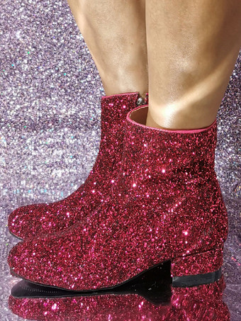 レディース スパンコール スパンコール布 ラウンドトゥ パピーヒール アンクルブーツ