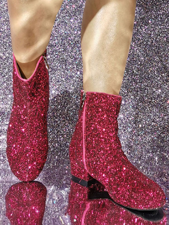 レディース スパンコール スパンコール布 ラウンドトゥ パピーヒール アンクルブーツ