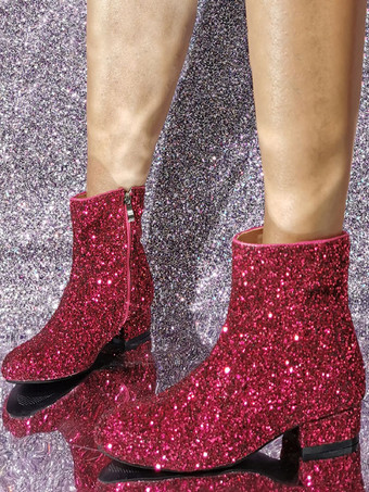 レディース スパンコール スパンコール布 ラウンドトゥ パピーヒール アンクルブーツ