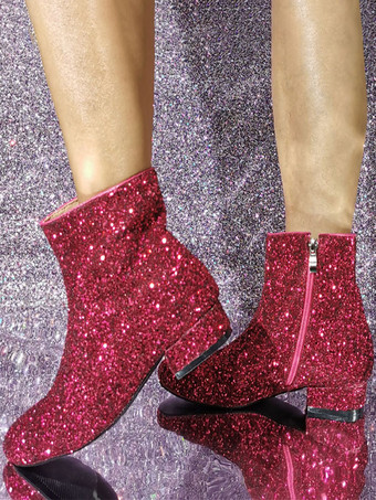 レディース スパンコール スパンコール布 ラウンドトゥ パピーヒール アンクルブーツ