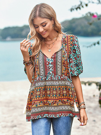 ライトスカイブルー半袖 Tシャツ ライトスカイブルー プリント 結び目 V ネック レディース Tシャツ