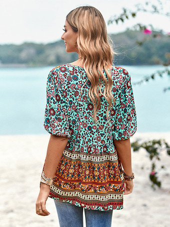 半袖 Tシャツ ライトスカイブルー プリント 結び目 V ネック レディース Tシャツ