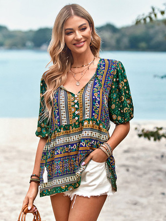 グリーン 半袖 Tシャツ ライトスカイブルー プリント 結び目 V ネック レディース Tシャツ