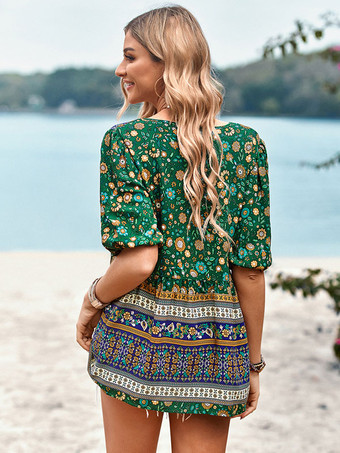 半袖 Tシャツ ライトスカイブルー プリント 結び目 V ネック レディース Tシャツ