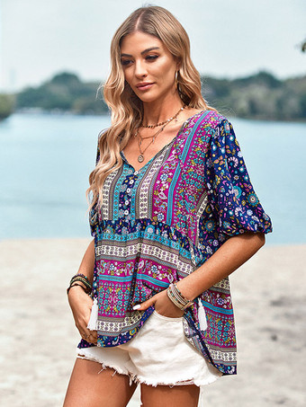 ダークネイビー半袖 Tシャツ ライトスカイブルー プリント 結び目 V ネック レディース Tシャツ