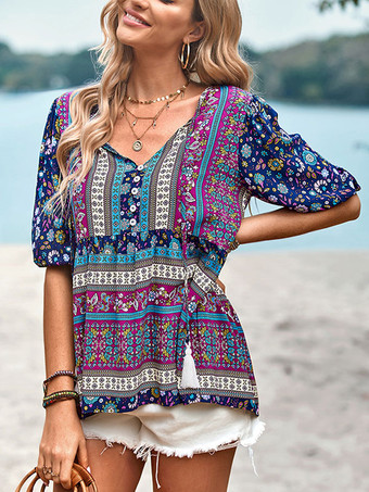 半袖 Tシャツ ライトスカイブルー プリント 結び目 V ネック レディース Tシャツ