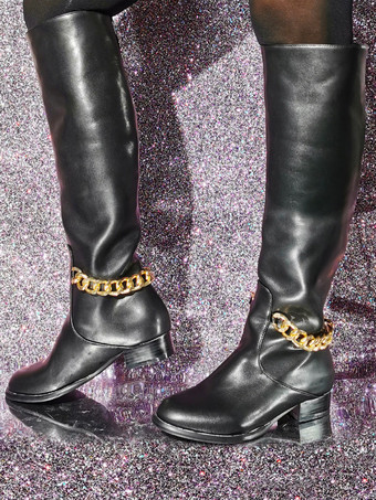 ブラック レディース PU レザー パピーヒール ニーハイ ブーツ