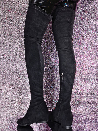 レディース パピーヒール マイクロ スエード アッパー サイハイ ブーツ