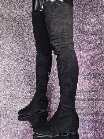 レディース パピーヒール マイクロ スエード アッパー サイハイ ブーツ