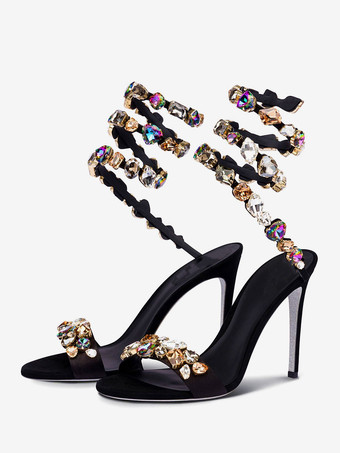 Sandalias de tacón alto Satén negro Punta abierta Pedrería Zapatos de baile Zapatos de fiesta para mujer