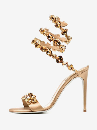 Aprikose  High-Heel-Sandalen  schwarzer Satin  offene Zehenpartie  Strasssteine  Abschlussballschuhe  Damen-Partyschuhe