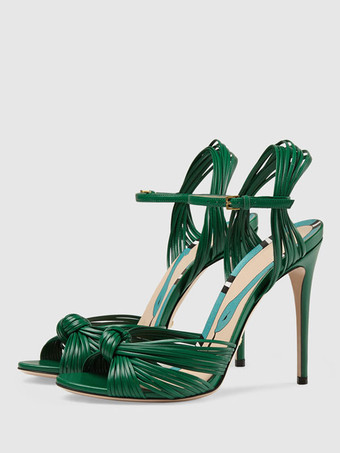 グリーン ゴールド ヒール サンダル オープン トゥ ノット スティレット ヒール パーティー シューズ