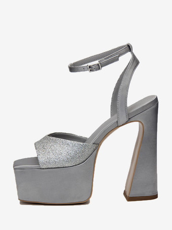 シルバー シャンパンヒールサンダルグリッタープラットフォームスクエアトゥアンクルストラップパーティーシューズ