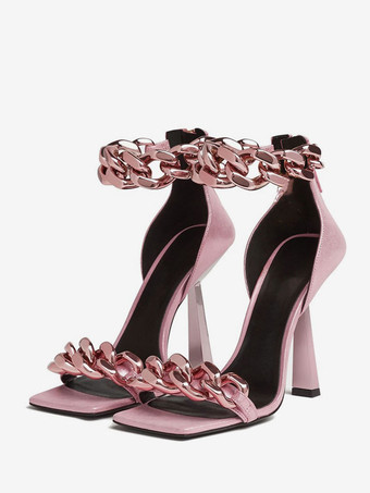 Sandali con tacco alto rosa Scarpe da ballo con cinturino alla caviglia con design a catena metallica