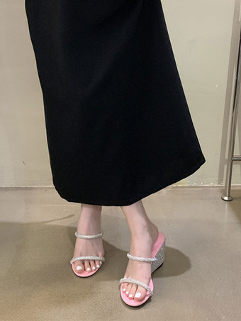 レディース ラインストーン スリングバック PU レザー ウェッジ サンダル