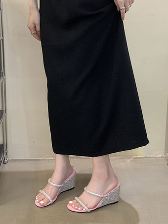 レディース ラインストーン スリングバック PU レザー ウェッジ サンダル