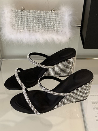 ブラック レディース ラインストーン スリングバック PU レザー ウェッジ サンダル