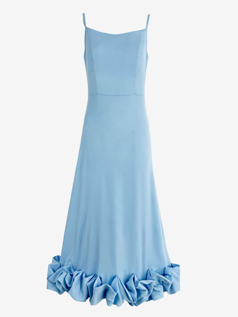 パーティードレス ライラック スパゲッティ ストラップ バックレス カップケーキ エッジ プロム ミディドレス