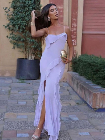 ラベンダーカラーサマードレス ストラップネック プリーツ レイヤード ラベンダー ロングビーチドレス