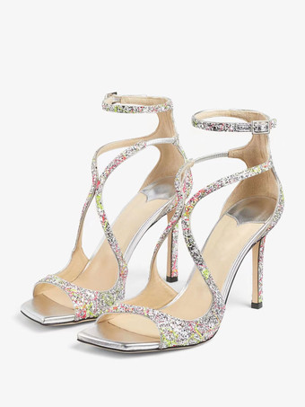High Heel Sandals Silver Open Toe Glitter Prom shoes