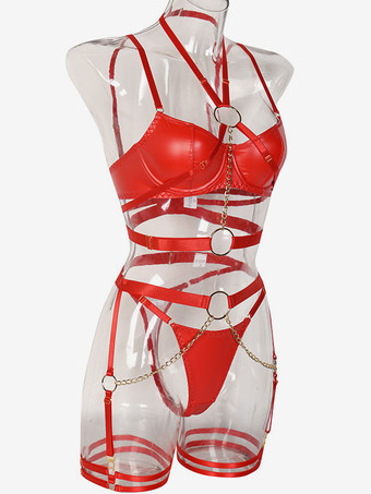 レッド ブラ パンティ セット ブラック メタル ディテール 取り外し可能 3 ピース セクシー カップル ランジェリー