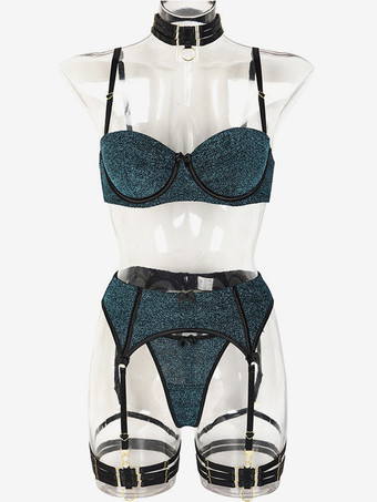 ブラジャー パンティ セット ブラック メタル ディテール 4 ピース 取り外し可能 カップル用 セクシー ランジェリー
