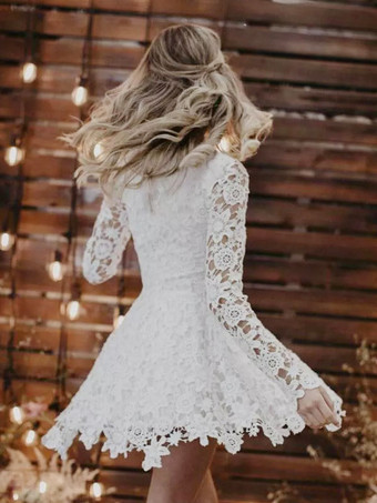 ショートウェディングドレス ジュエルネック 長袖 Aライン レース ブライダルドレス 無料カスタマイズ