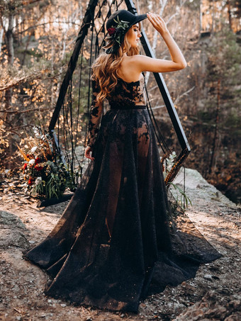 黒のウェディングドレスシースノースリーブレーストレインブライダルガウン無料カスタマイズ