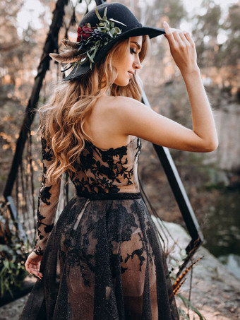 黒のウェディングドレスシースノースリーブレーストレインブライダルガウン無料カスタマイズ