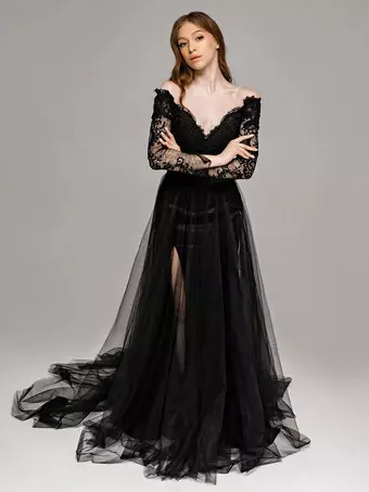 Black Wedding Dresses Mermaid Long Sleeves Lace With Train Bridal Dress  Free Customization - Milanoo.com