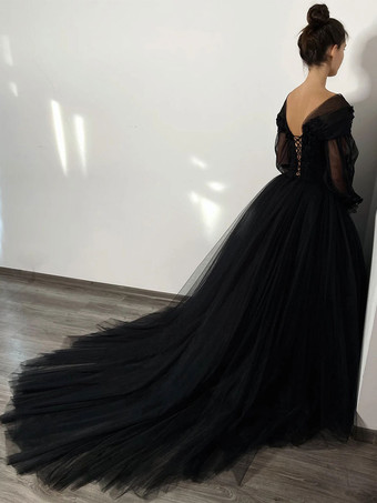 黒のウェディングドレス A ライン長袖レーストレーンブライダルドレス無料カスタマイズ