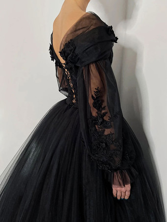 黒のウェディングドレス A ライン長袖レーストレーンブライダルドレス無料カスタマイズ