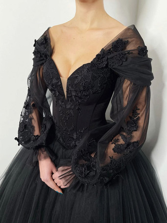 黒のウェディングドレス A ライン長袖レーストレーンブライダルドレス無料カスタマイズ