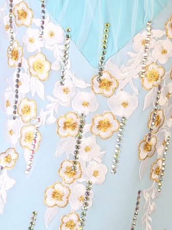 社交ダンス衣装ライトスカイブルー女性のエレガントなライクラスパンデックスハイカラーバックレスフリルドレスダンスドレス