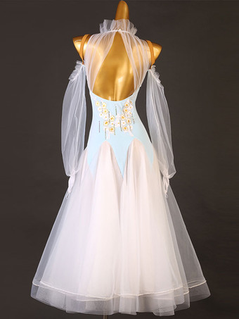 社交ダンス衣装ライトスカイブルー女性のエレガントなライクラスパンデックスハイカラーバックレスフリルドレスダンスドレス