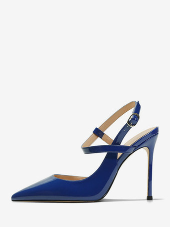 ロイヤルブルーレディース ハイヒール ブラック ポインテッドトゥ サンダル スティレット ヒール スリングバック パンプス