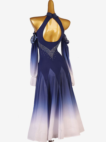 社交ダンス衣装ディープブルー女性のエレガントなライクラスパンデックスチュニックドレス背中の開いたダンスウェア