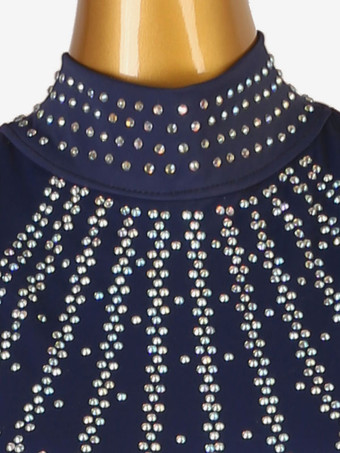 社交ダンス衣装ディープブルー女性のエレガントなライクラスパンデックスチュニックドレス背中の開いたダンスウェア