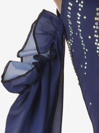 社交ダンス衣装ディープブルー女性のエレガントなライクラスパンデックスチュニックドレス背中の開いたダンスウェア