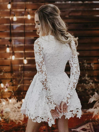ショートウェディングドレス ジュエルネック 長袖 Aライン レース ブライダルドレス 無料カスタマイズ