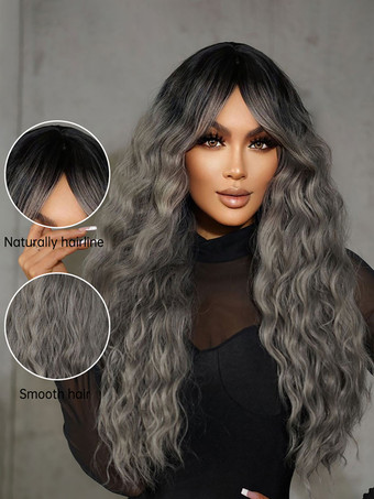 女性ロングウィッグ ライトグレー カーリー レーヨン シックなレイヤード ロング合成ウィッグ