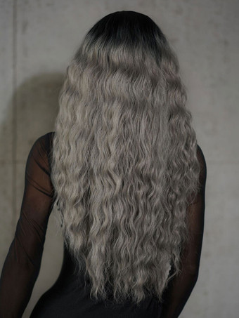 女性ロングウィッグ ライトグレー カーリー レーヨン シックなレイヤード ロング合成ウィッグ