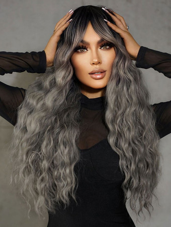 女性ロングウィッグ ライトグレー カーリー レーヨン シックなレイヤード ロング合成ウィッグ