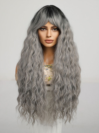 女性ロングウィッグ ライトグレー カーリー レーヨン シックなレイヤード ロング合成ウィッグ