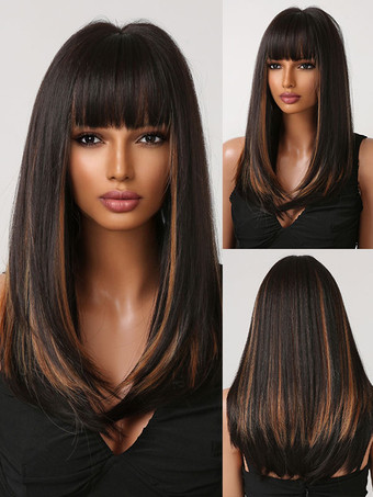 女性ミディアムウィッグディープブラウンブラントフリンジレーヨン合成かつら