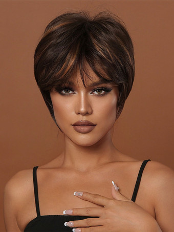 合成かつらディープブラウンストレートレーヨンハイライトヘアショート女性のショートウィッグ女性のための