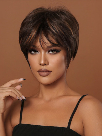 合成かつらディープブラウンストレートレーヨンハイライトヘアショート女性のショートウィッグ女性のための