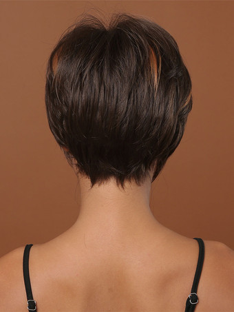 合成かつらディープブラウンストレートレーヨンハイライトヘアショート女性のショートウィッグ女性のための