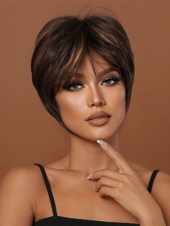合成かつらディープブラウンストレートレーヨンハイライトヘアショート女性のショートウィッグ女性のための